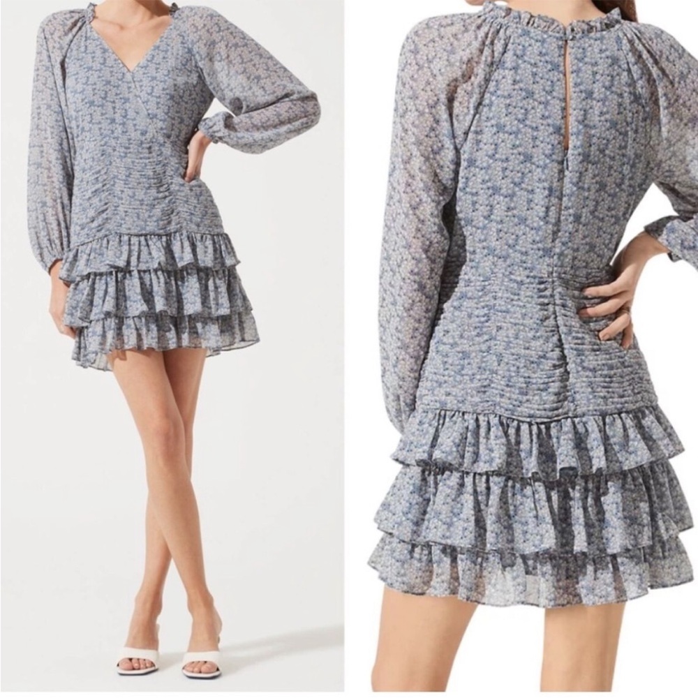 Astr the label Long Sleeve Floral Dress - dusty blue